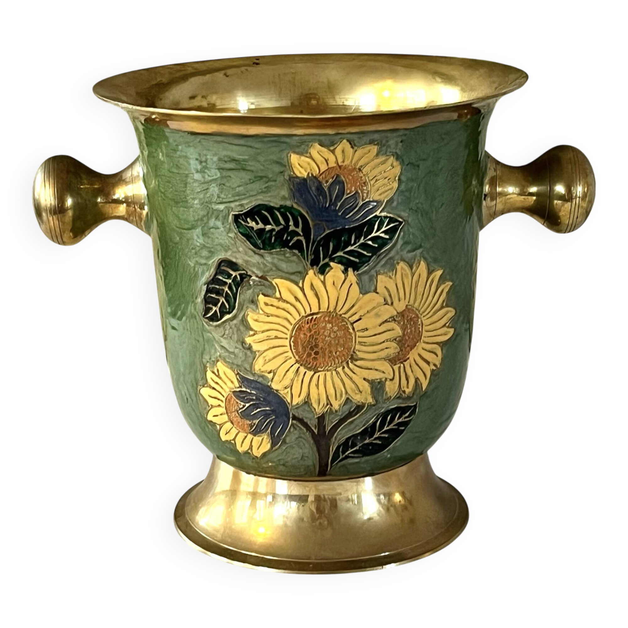 Vintage brass and green enamel cloisonné champagne cooler with sunflow