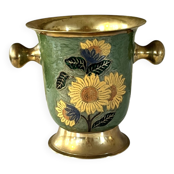 Refroidisseur à champagne vintage en laiton et émail vert cloisonné avec tournesol