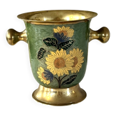 Vintage brass and green enamel cloisonné champagne cooler with sunflow