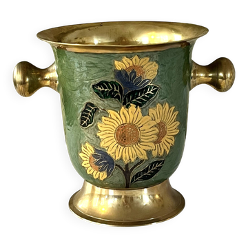 Vintage brass and green enamel cloisonné champagne cooler with sunflow