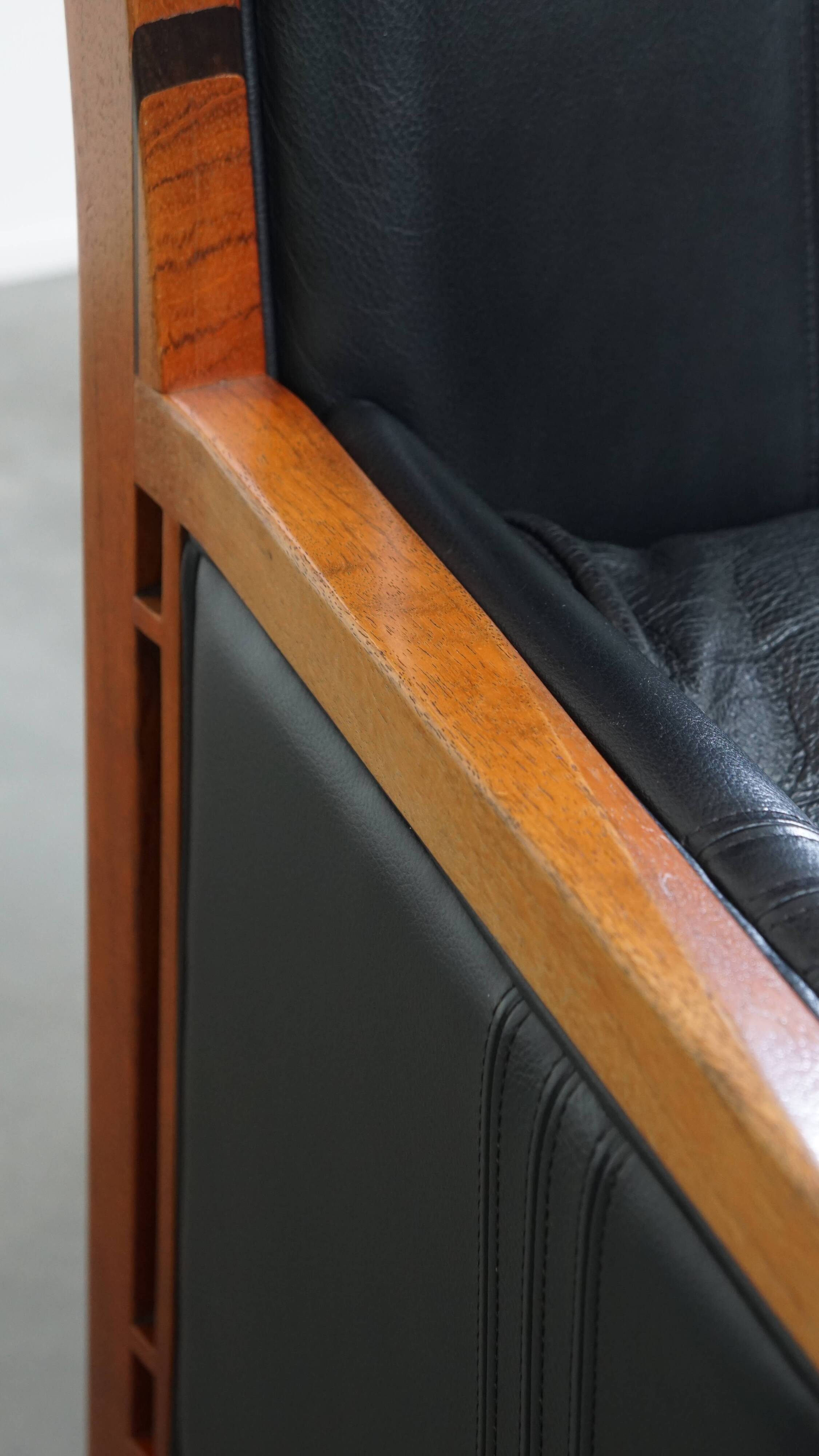 Black Cowhide Leather and Wooden Art Deco Armchair