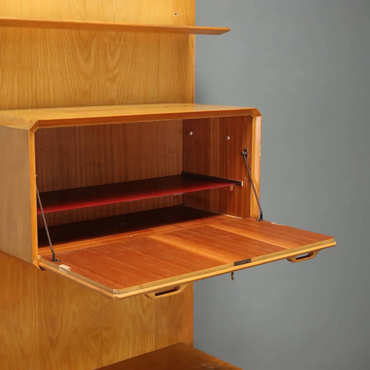 Vintage maple cabinet with drop-down front, Italian design, 1960s.