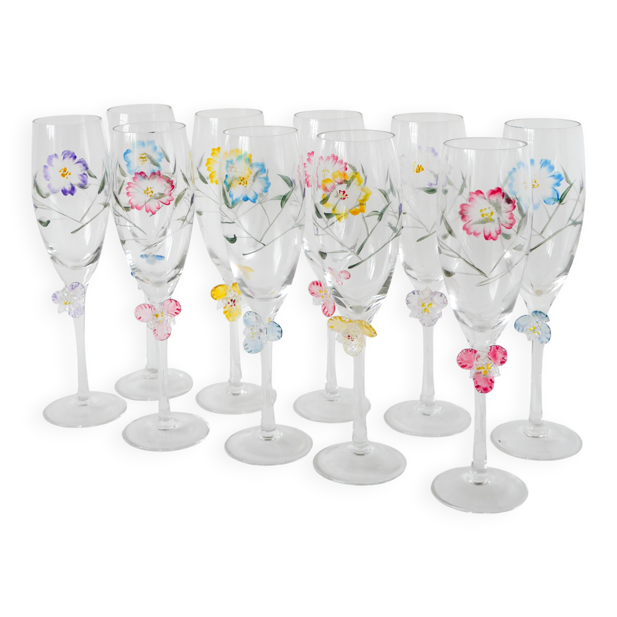 Set of 10 hand-painted champagne flutes with embossed flowers