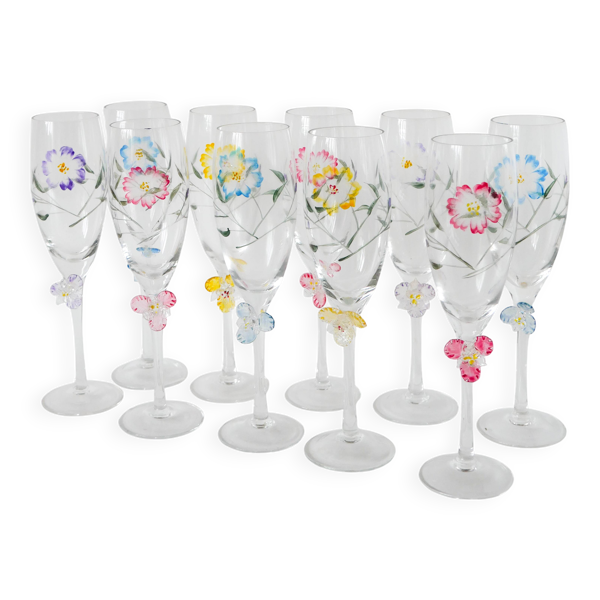 ensemble de 10 flûtes à champagne peintes à la main, fleurs en relief