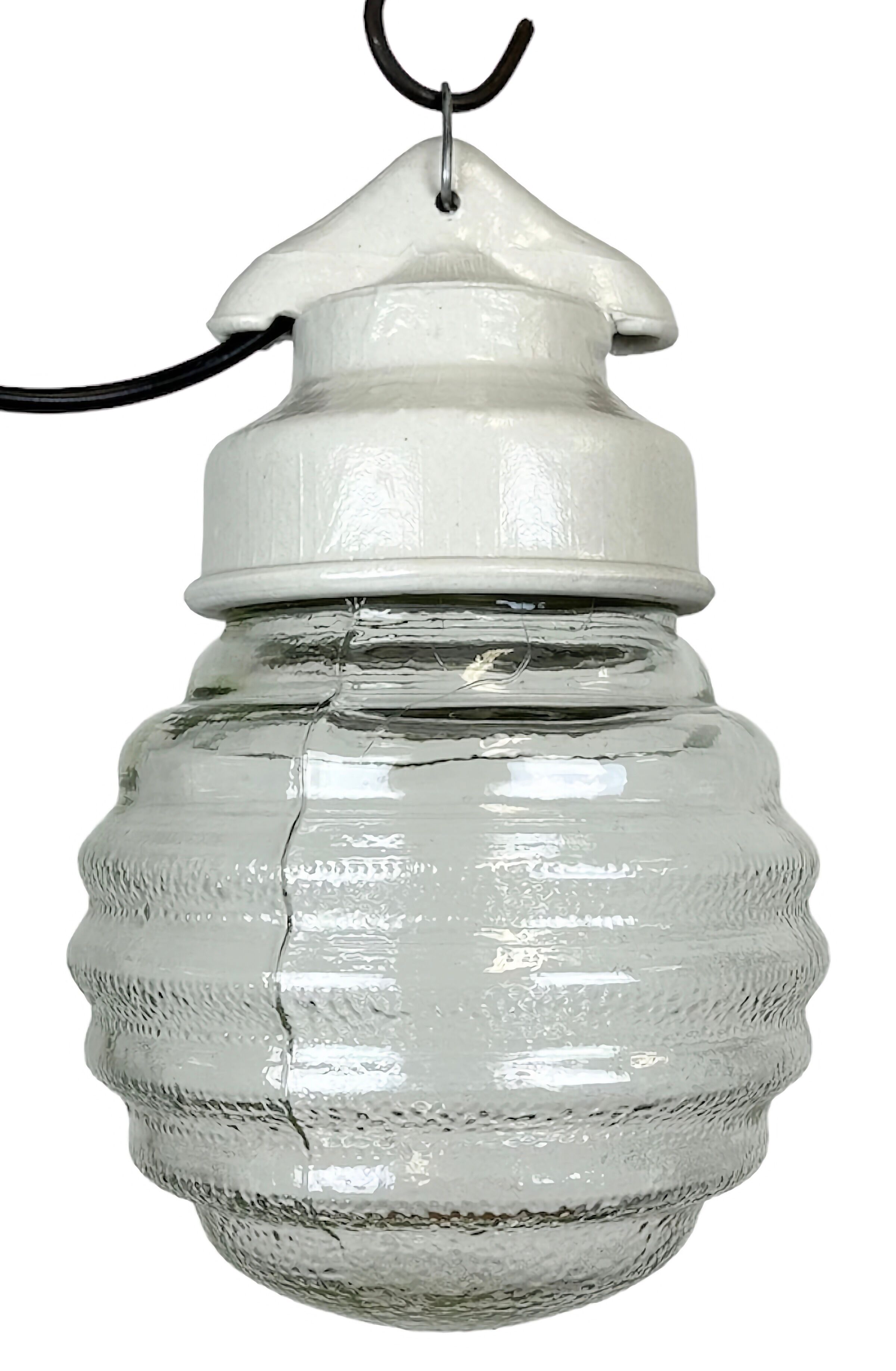 Industrial white porcelain pendant light with ribbed glass, 1970s