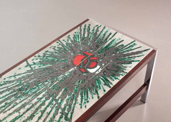 Table basse rectangulaire Denisco en céramique, effet explosion de couleurs, chrome et bois