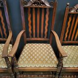 Lot suite de 4 chaises et 2 fauteuils en chêne sculpté, pieds en bobine, années 1900