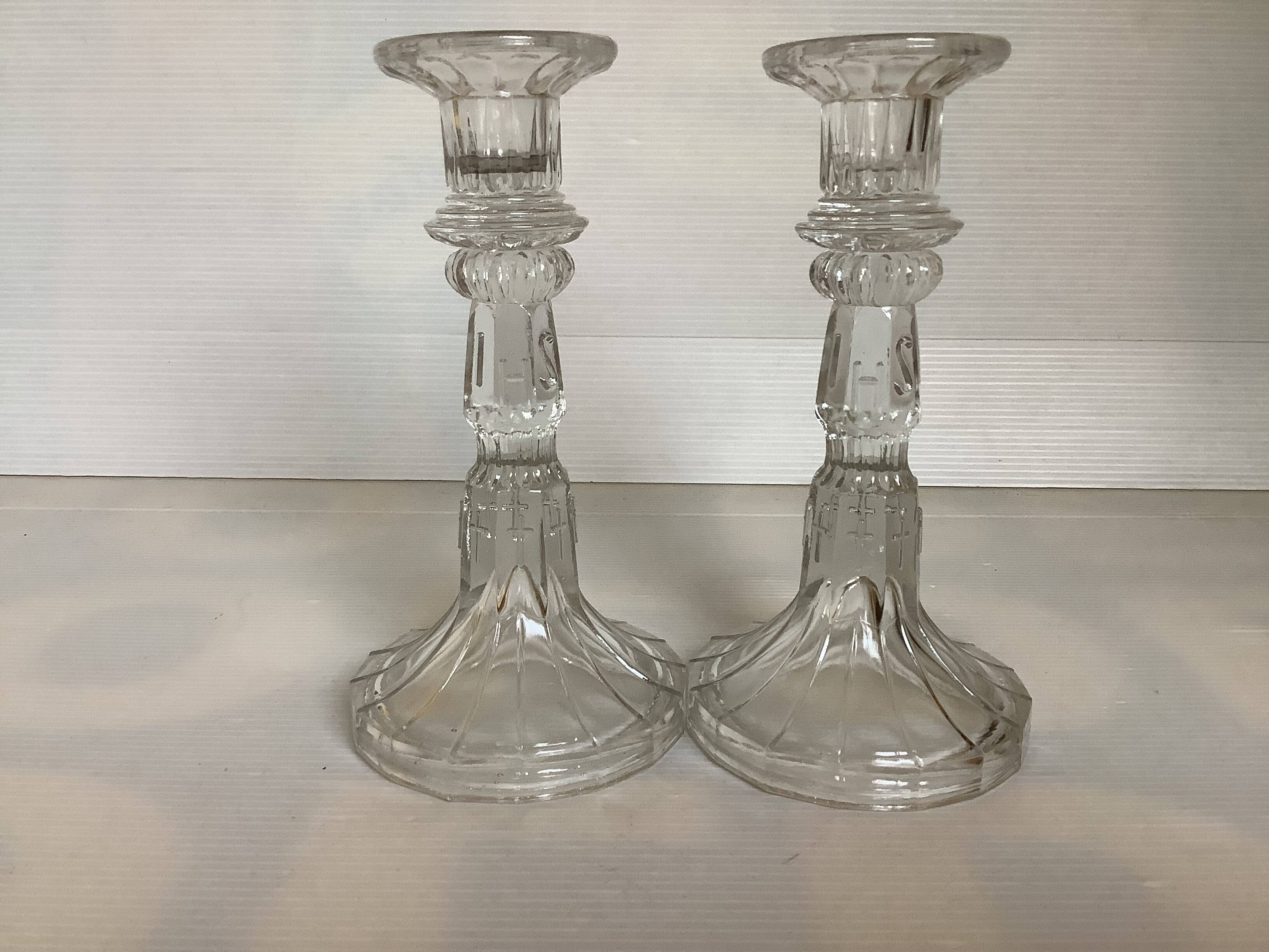 Pair of moulded glass candlesticks