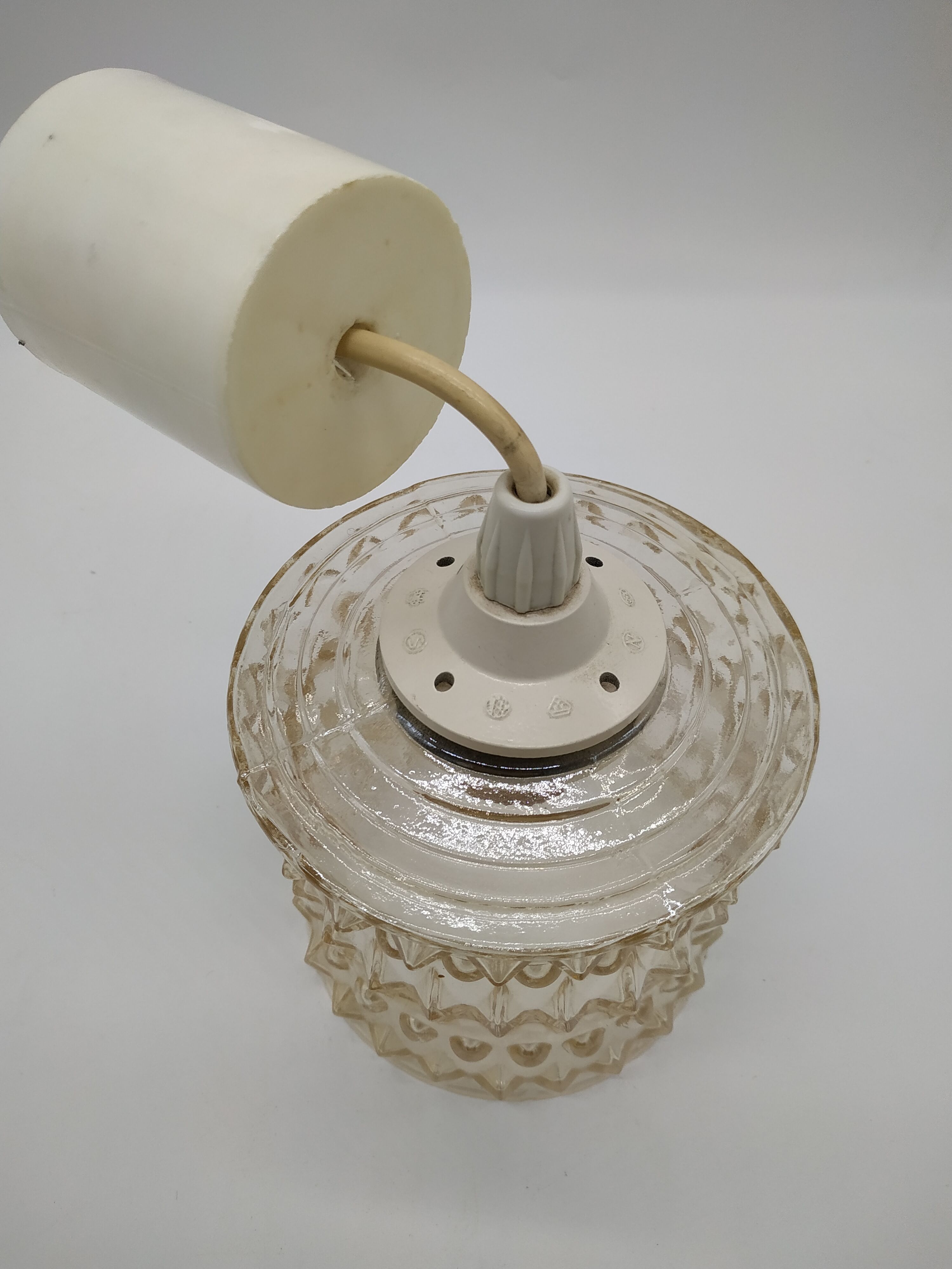 Vintage seventies pendant lamp in pressed molded glass