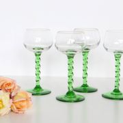 Set of 4 glasses with white wine, green foot, French, vintage