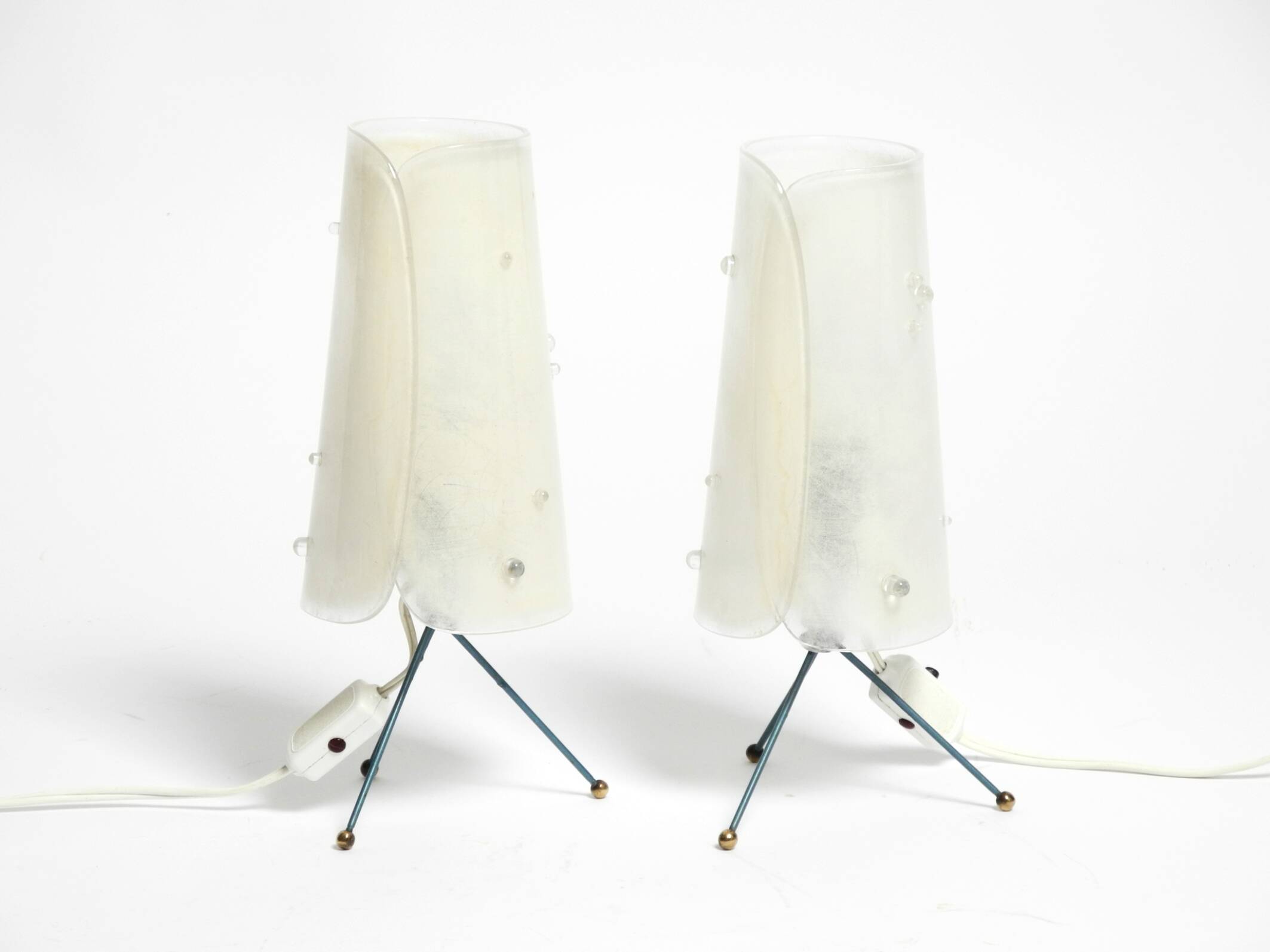 Two very Mid Century Modern tripod table lamps with white plexiglas shades