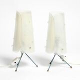 Two very Mid Century Modern tripod table lamps with white plexiglas shades
