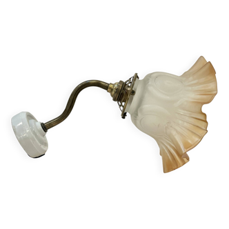 Vintage swan neck wall light in brass porcelain and opaline tulip flower glass paste 1930