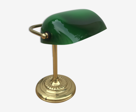 Ancienne lampe de banquier en laiton abat jour en opaline vert | Selency