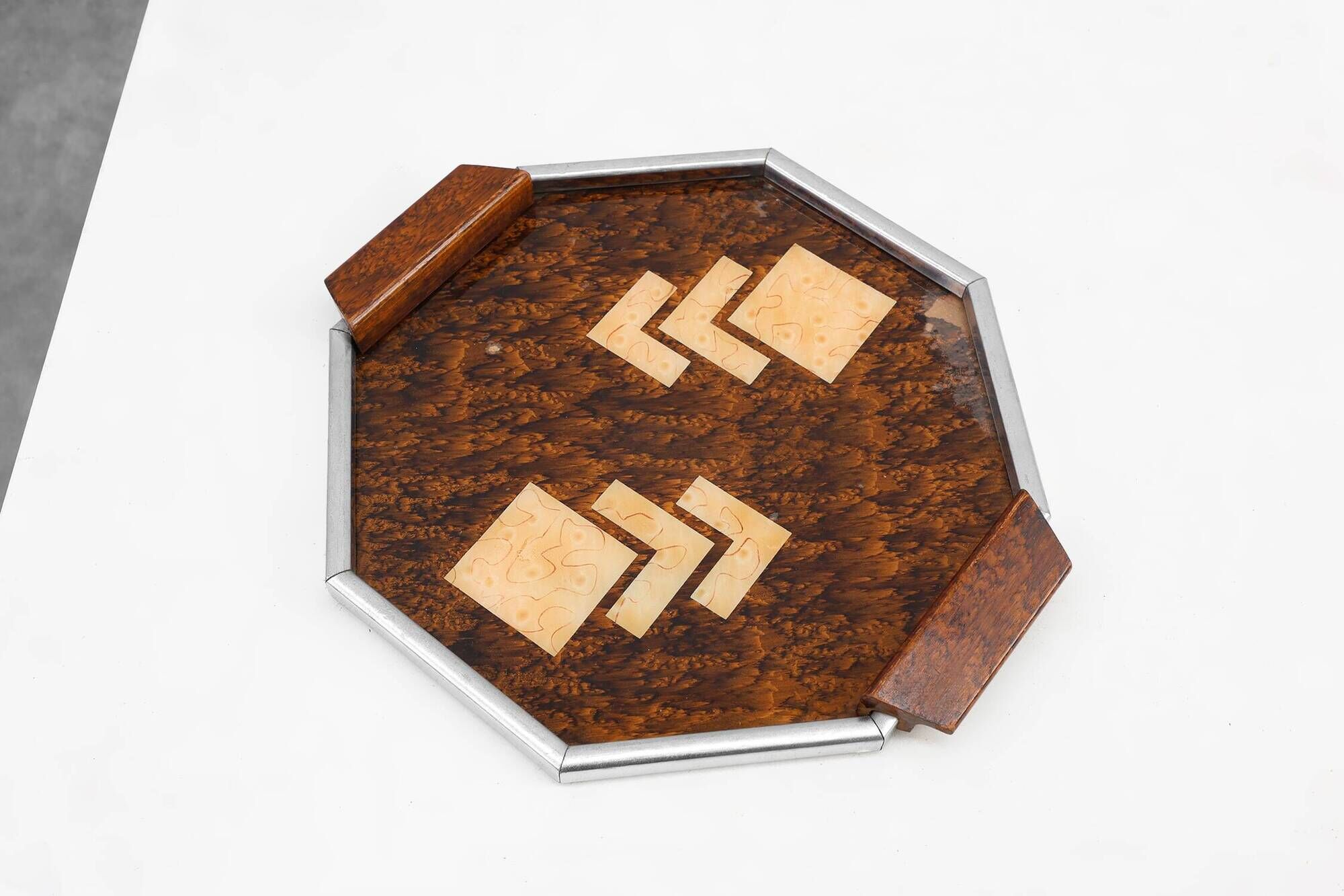 Art Deco Whiskey Tray in Metal and Wood, Belgium 1920s