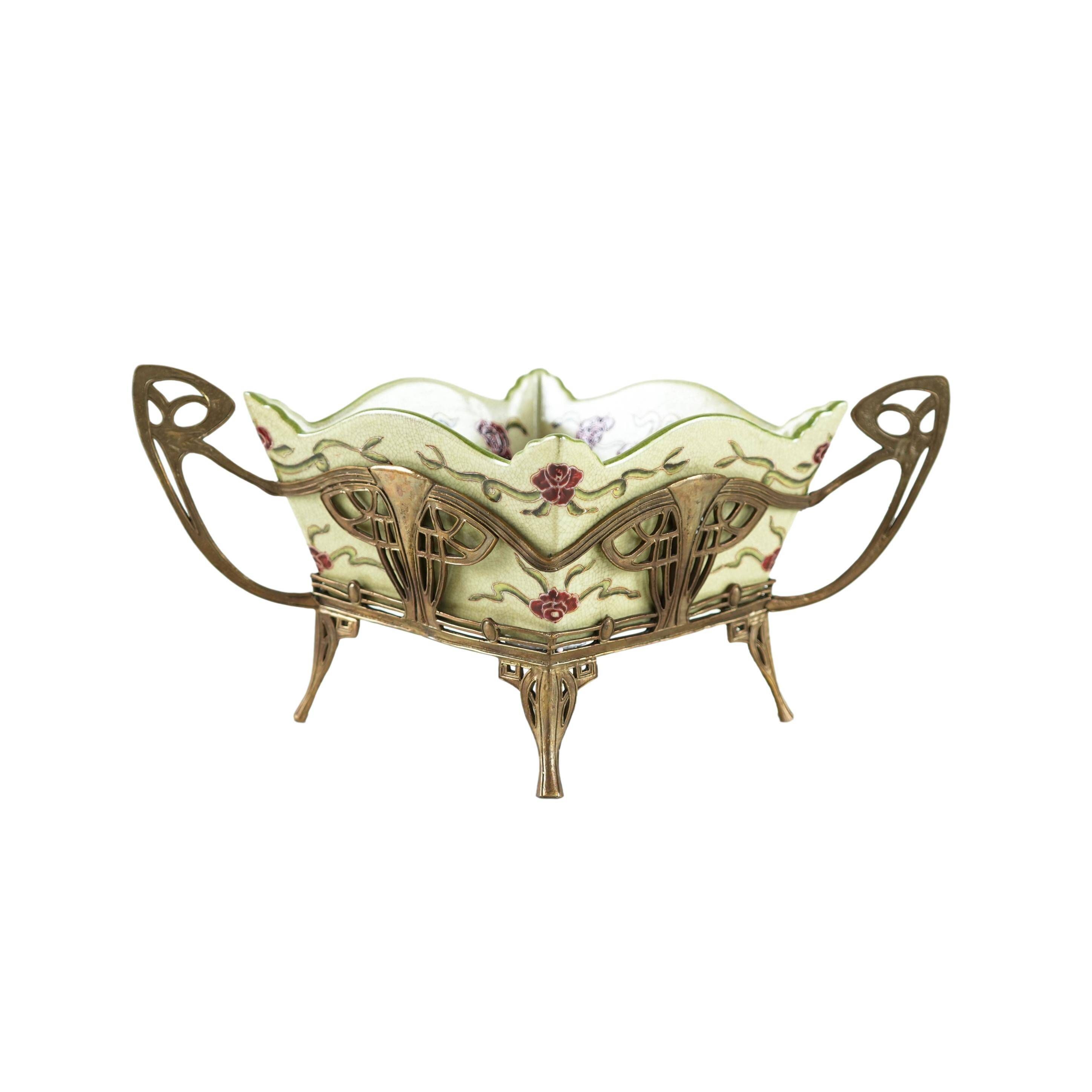 Art Nouveau platter with ceramic insert in ornamental metal frame, European craftsmanship
