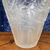 Superb Art Nouveau vase in frosted molded pressed glass with foliage decorations