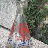 Peacock pattern liqueur decanter and 4 small vintage cobalt blue glasses