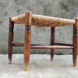 Vintage wooden and straw stool