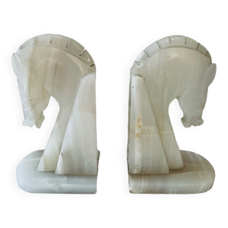 White onyx horse bookends