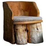 Chaise Brutaliste en Tronc Massif & Assise en Laine D'Agneau, Moderne Du Milieu Du Siècle Suédois, Années 1960