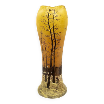 Vase Art nouveau DLG Legras, paysage d’hiver peint aux émaux, vers 1900