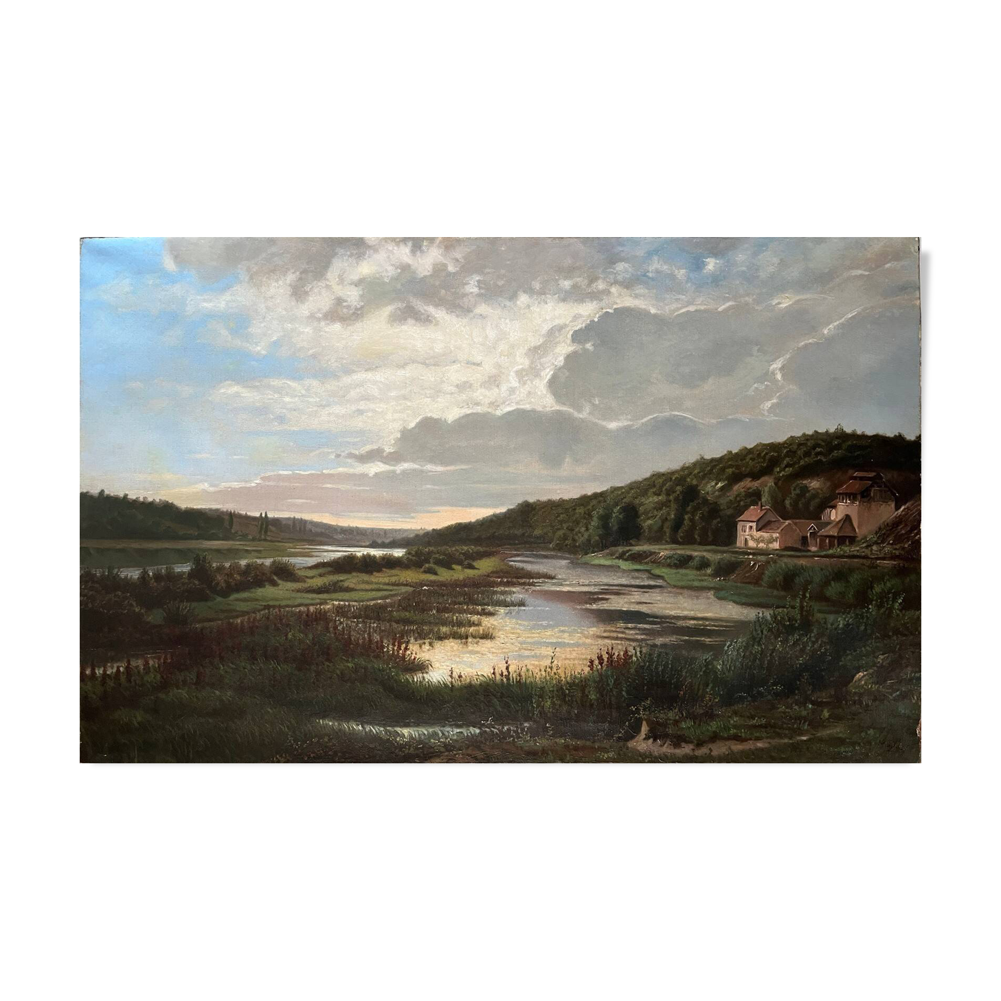 Large painting dated 1872 "Landscape with village by the river" signed