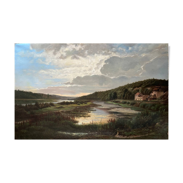 Large painting dated 1872 "Landscape with village by the river" signed