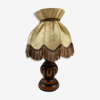 Lampe à poser pied en bois abat-jour tissu à franges 32cm