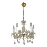 Vintage French Metal Crystal and Glass 5 Arm Paris Chic Style Chandelier