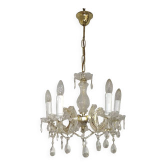 Vintage French Metal Crystal and Glass 5 Arm Paris Chic Style Chandelier