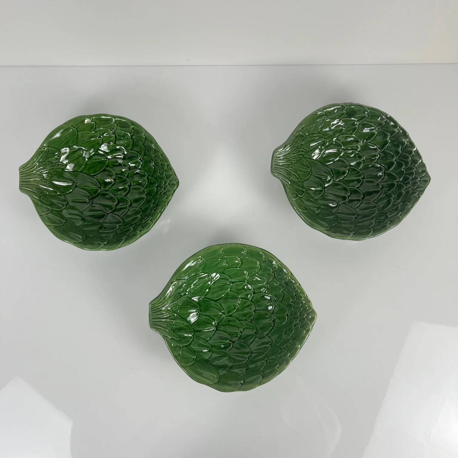 Set of 3 green leaf artichoke barbotine bowls vintage 70s