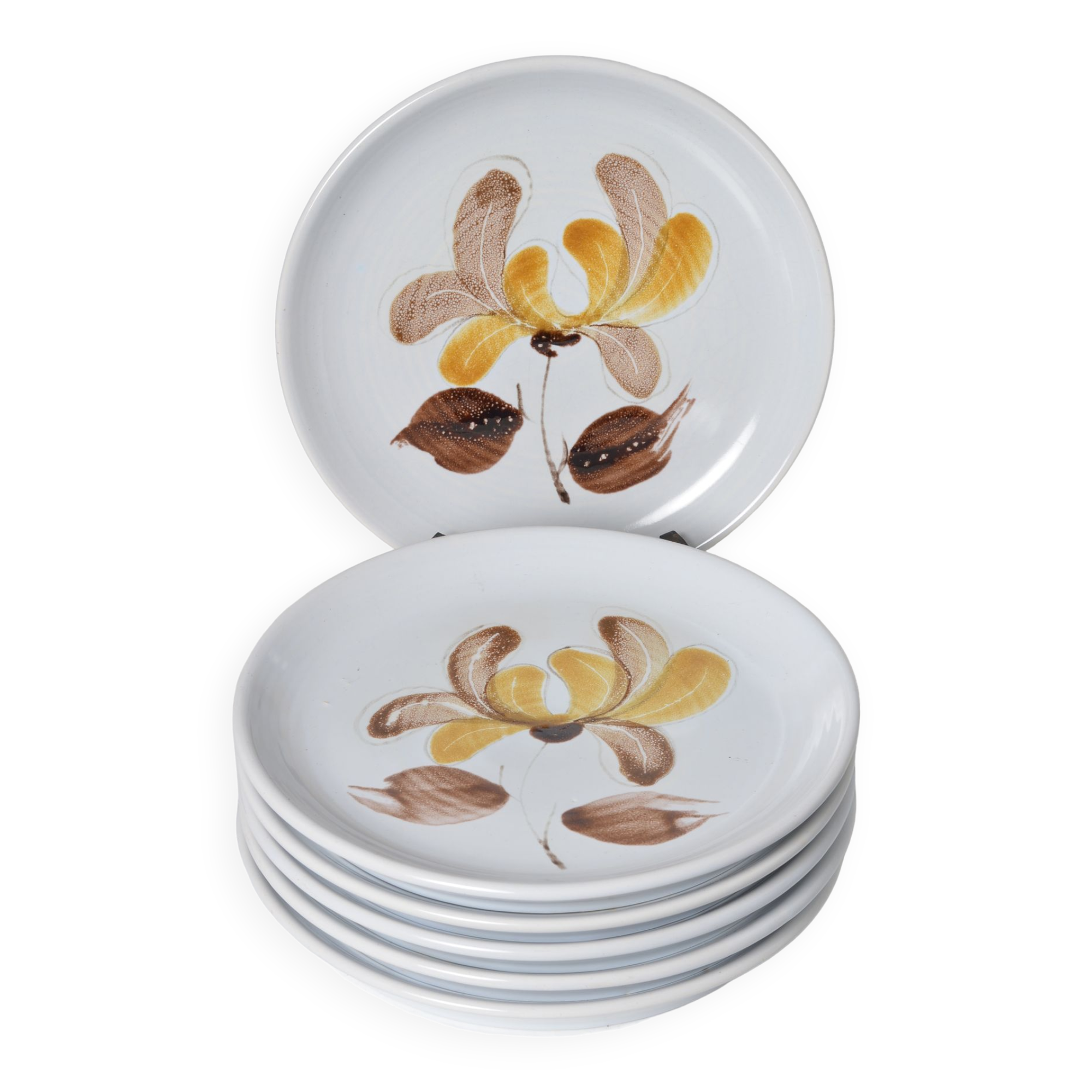 Flat plates in varnished stoneware iris pattern