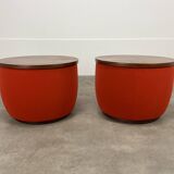 Pair of space age side tables, red velvet from the 70s