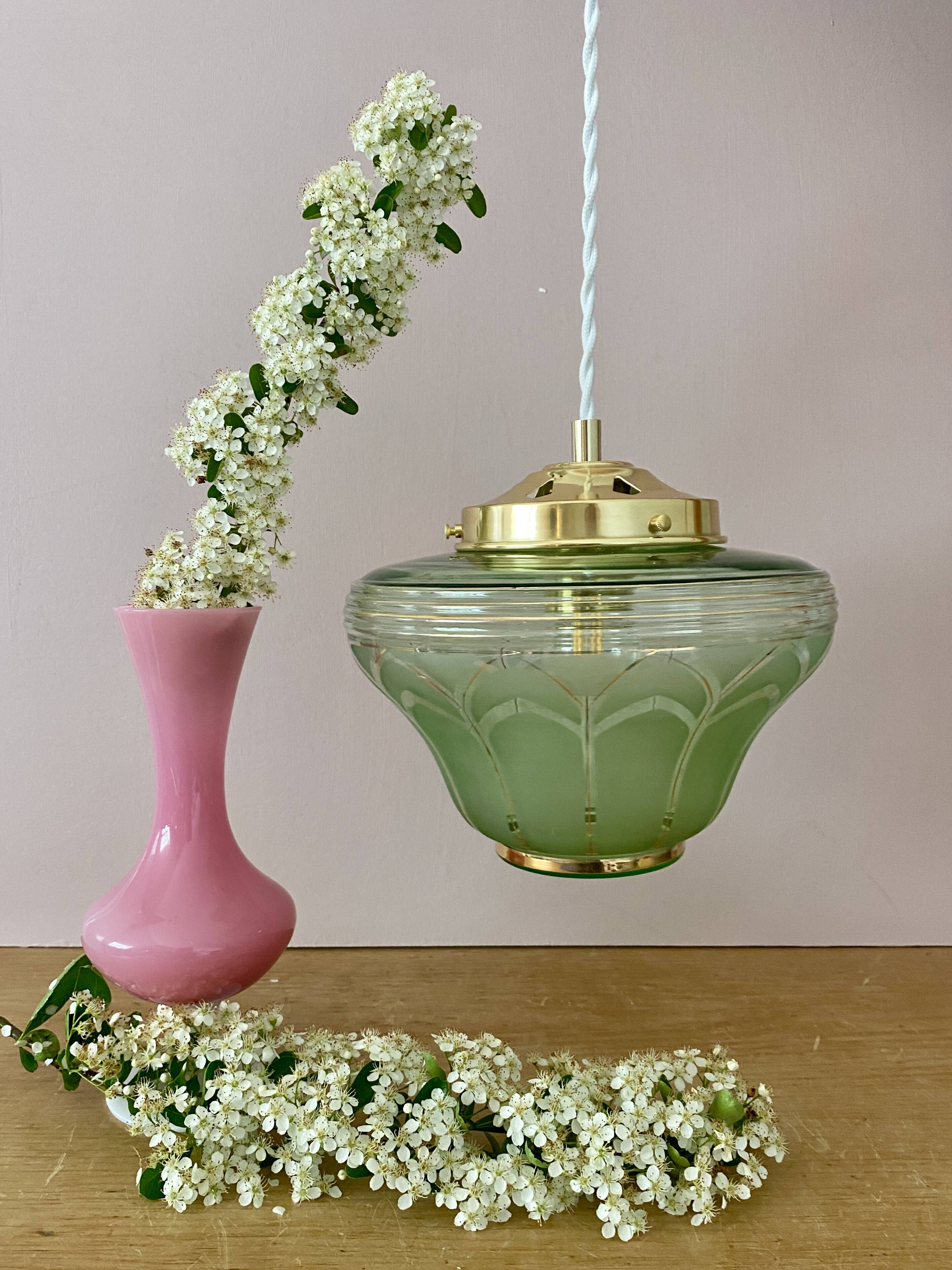 Vintage art deco globe pendant light in green and gold frosted glass