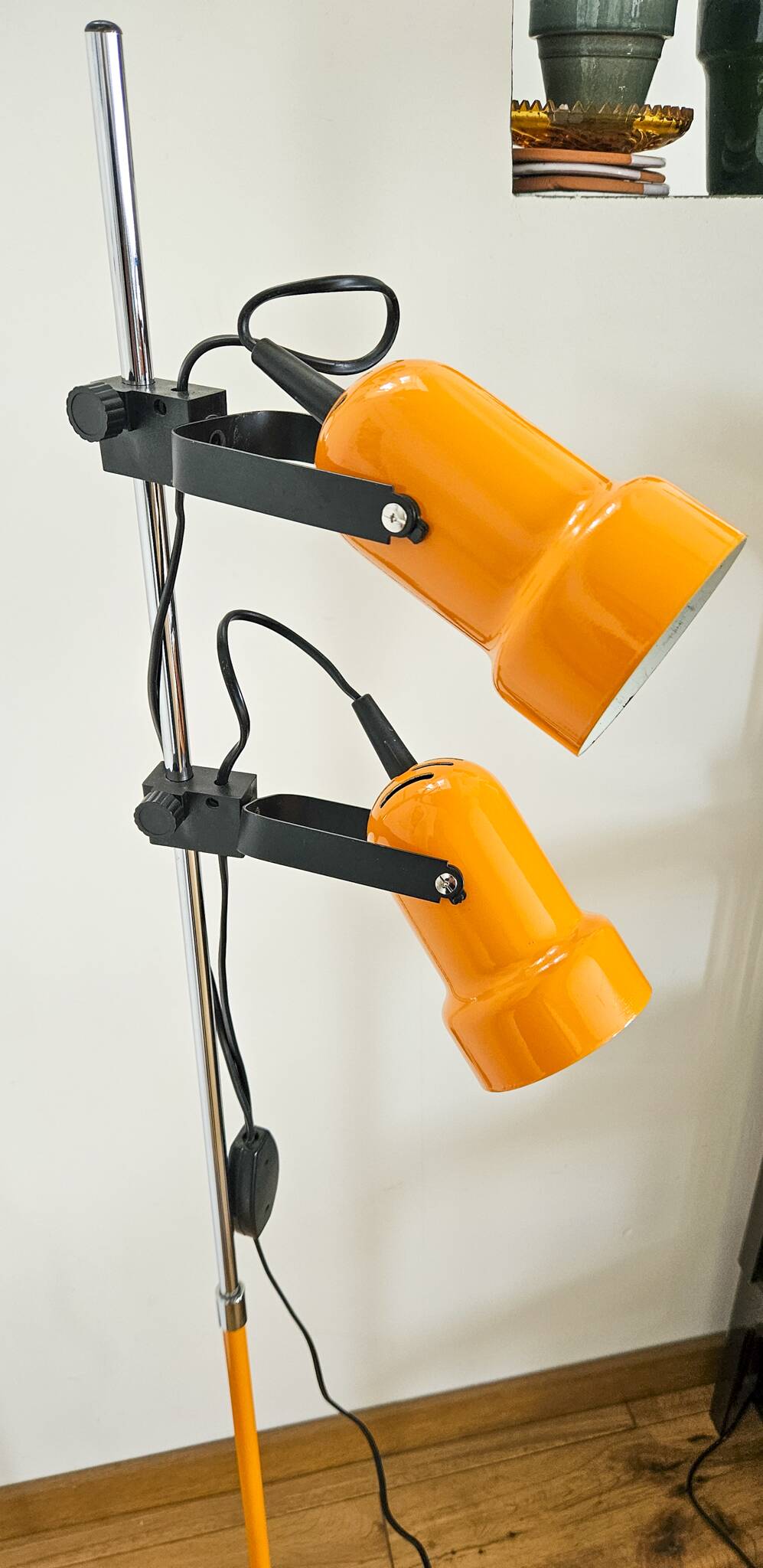 Vintage 1970s floor lamp with 2 spots, chrome, orange and black.