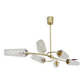 Lustre ancien à 6 branches, 2 flèches rouges, laiton et tubes en verre en diamant. Années 70