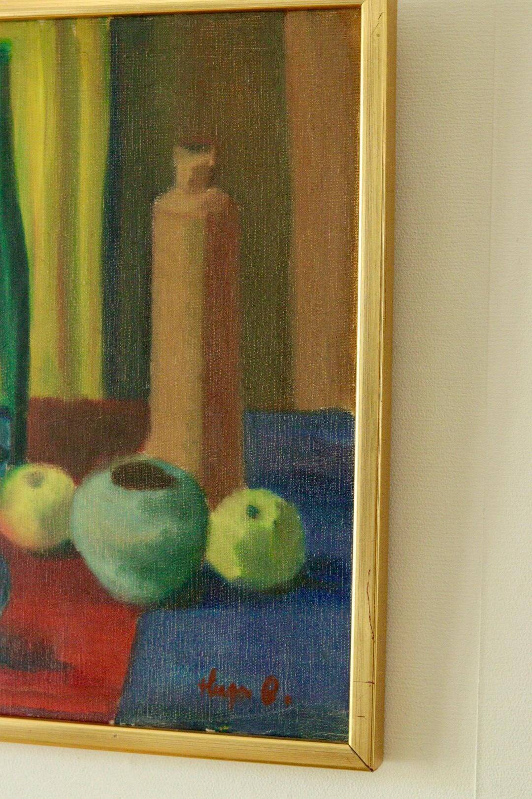Oil on Swedish canvas "Still Life 'Bottles and Apples', Hugo Olson"