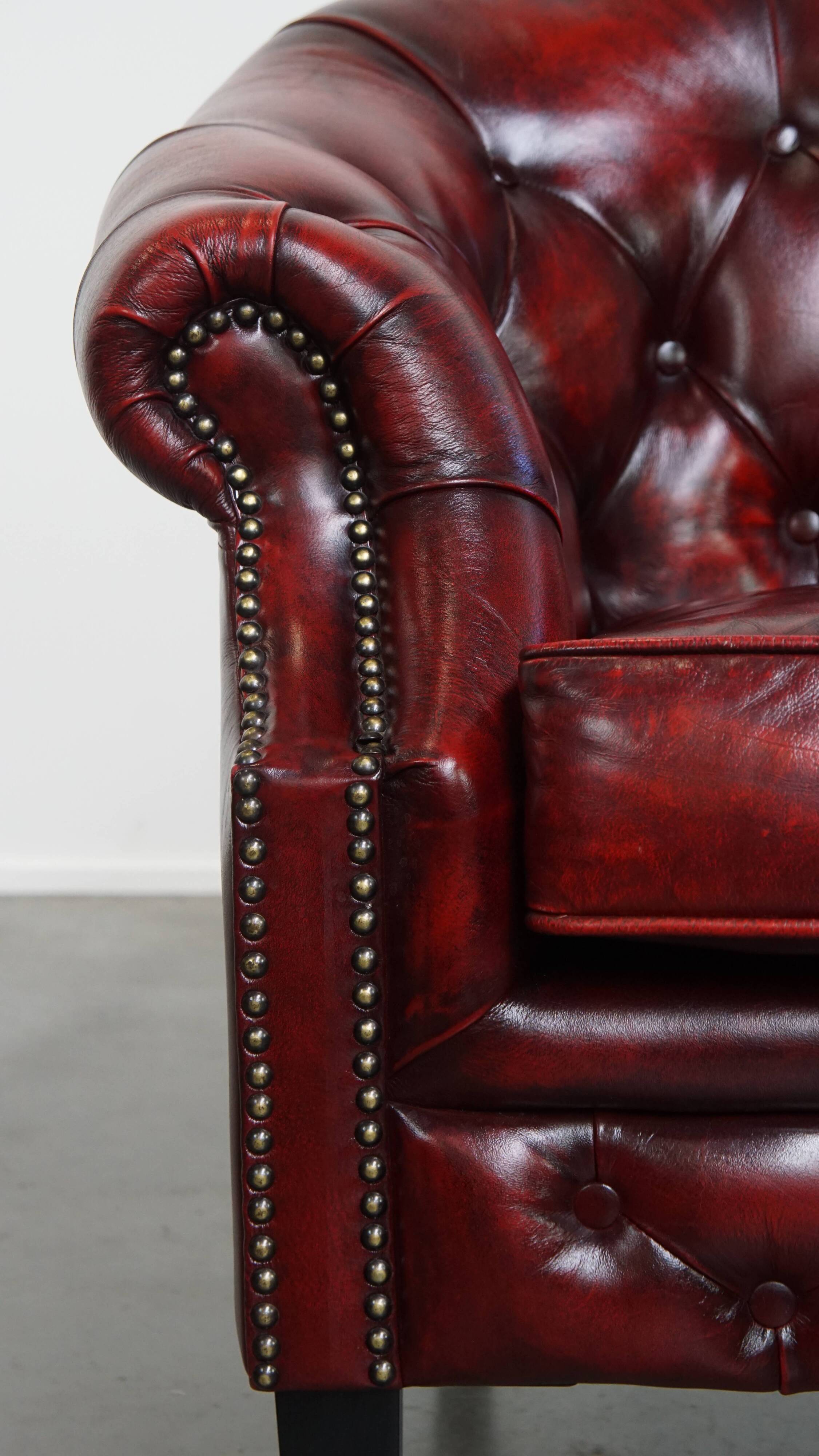 Set of a Red Cowhide Leather Chesterfield Club Chair and Side Table