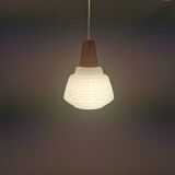 Lamp in white glass with teak top. It is Danish and estimated from the 1970s-1980s.