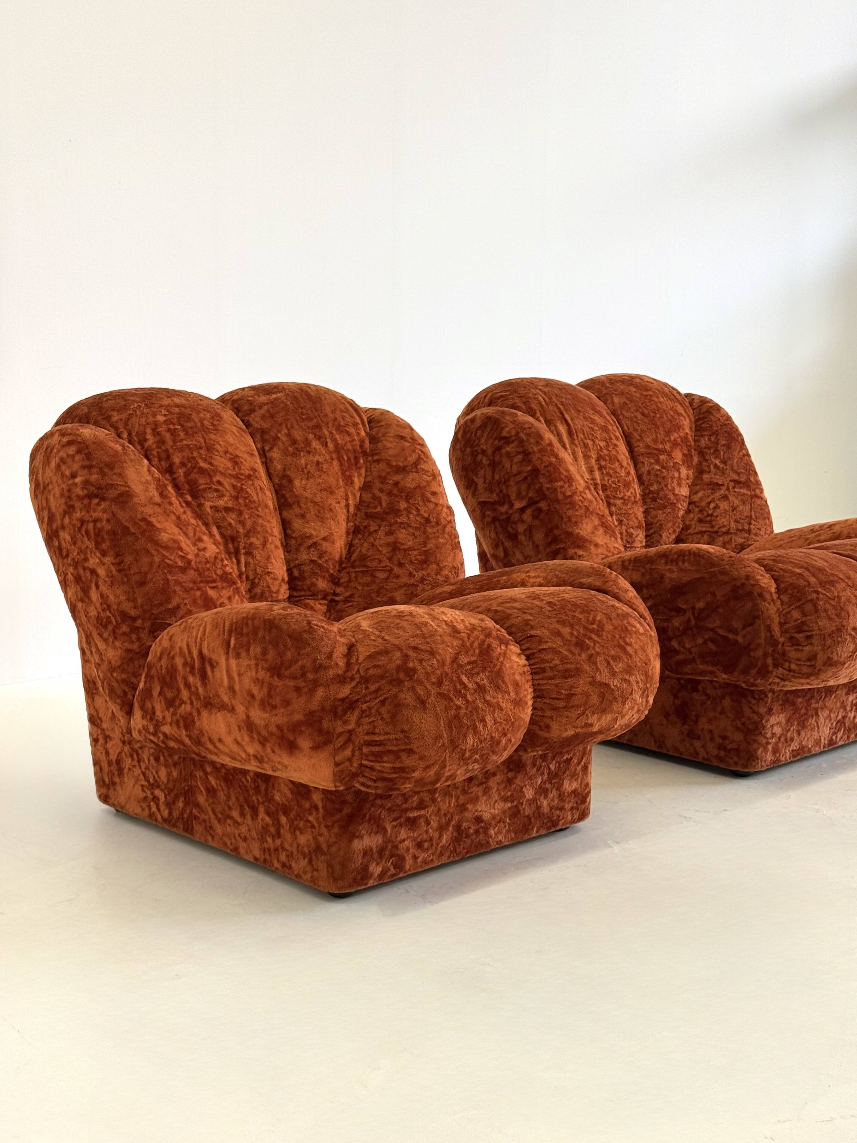 Vintage Italian Space Age armchairs in orange velvet