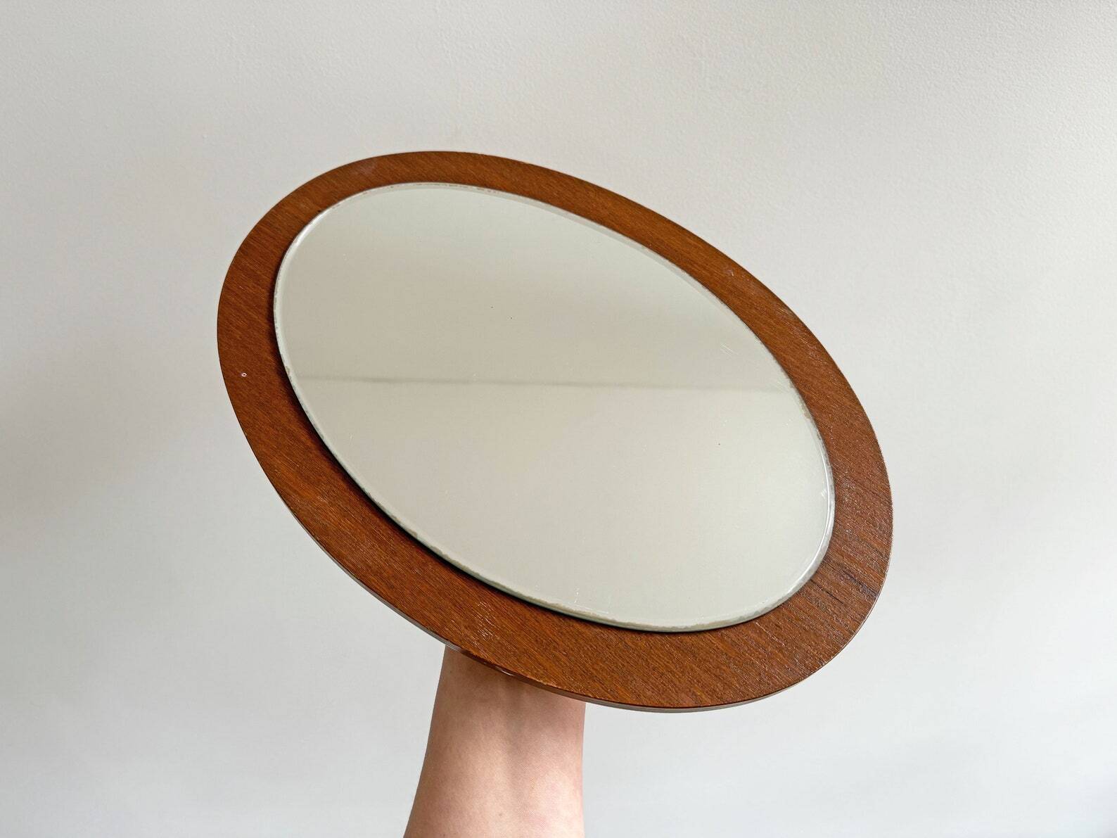 Mid Century teak oval wall mirror