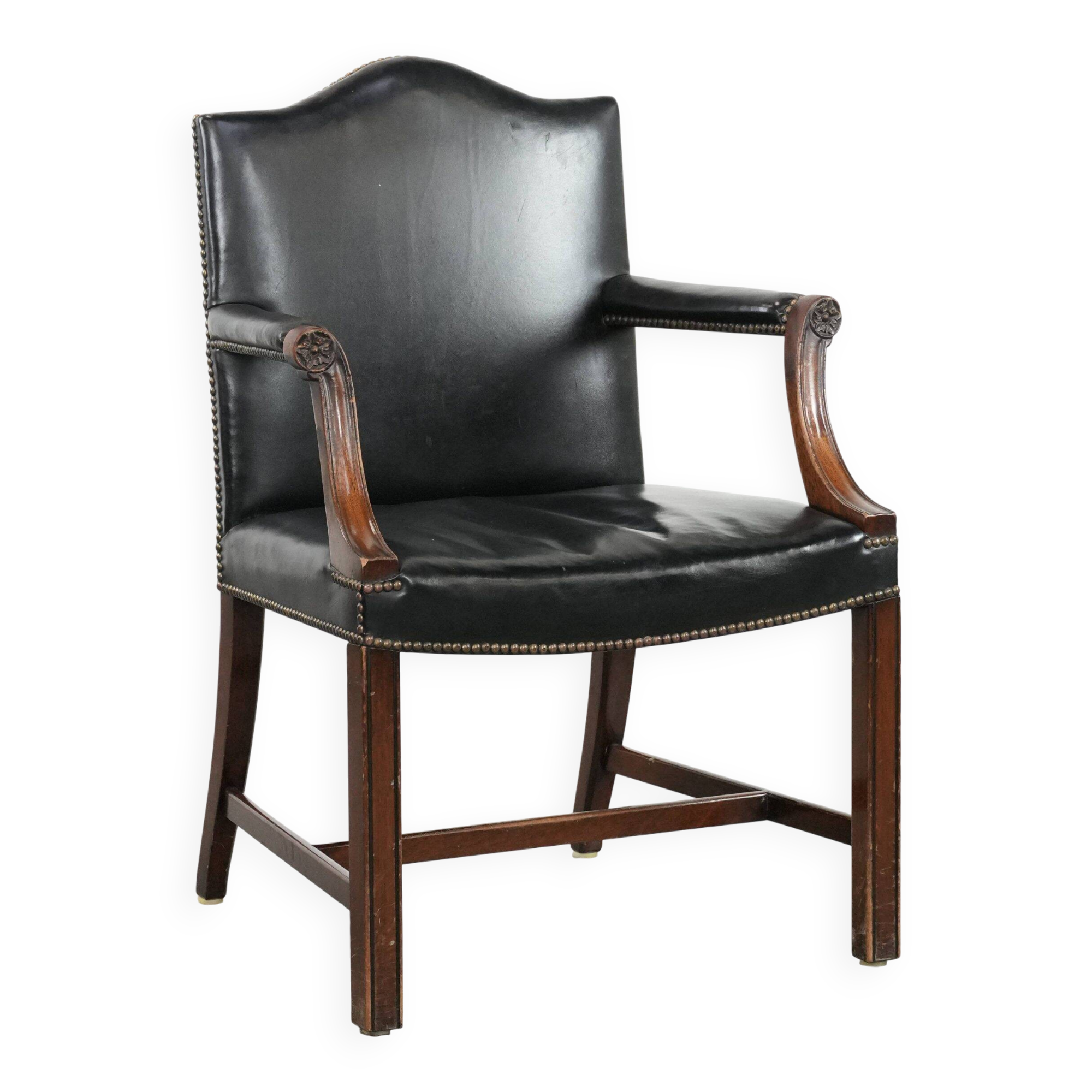 Wooden and black cow leather antique English Gainsborough side/desk/chair