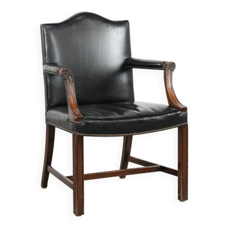 Wooden and black cow leather antique English Gainsborough side/desk/chair