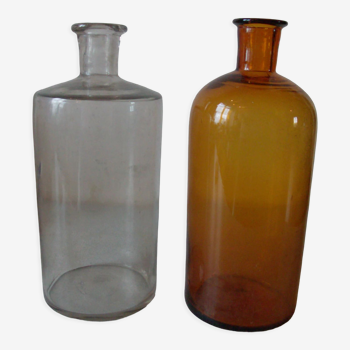 Set of 2 old jars pharmacist apothecary doctor amber blown glass n2