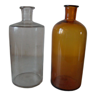 Set of 2 old jars pharmacist apothecary doctor amber blown glass n2