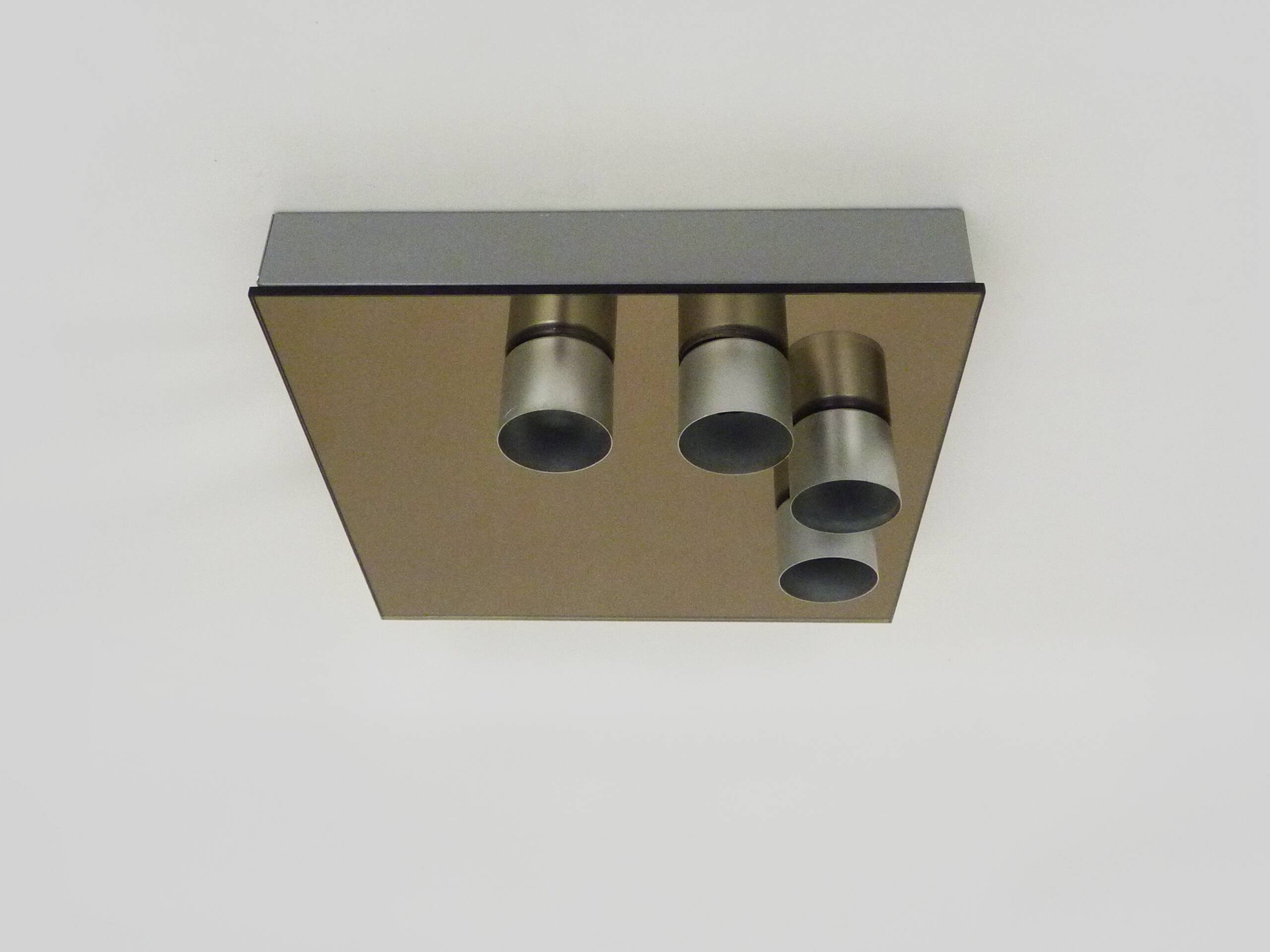 Vintage smoked mirror ceiling light with 4 bulbs, stainless steel structure and mirror.