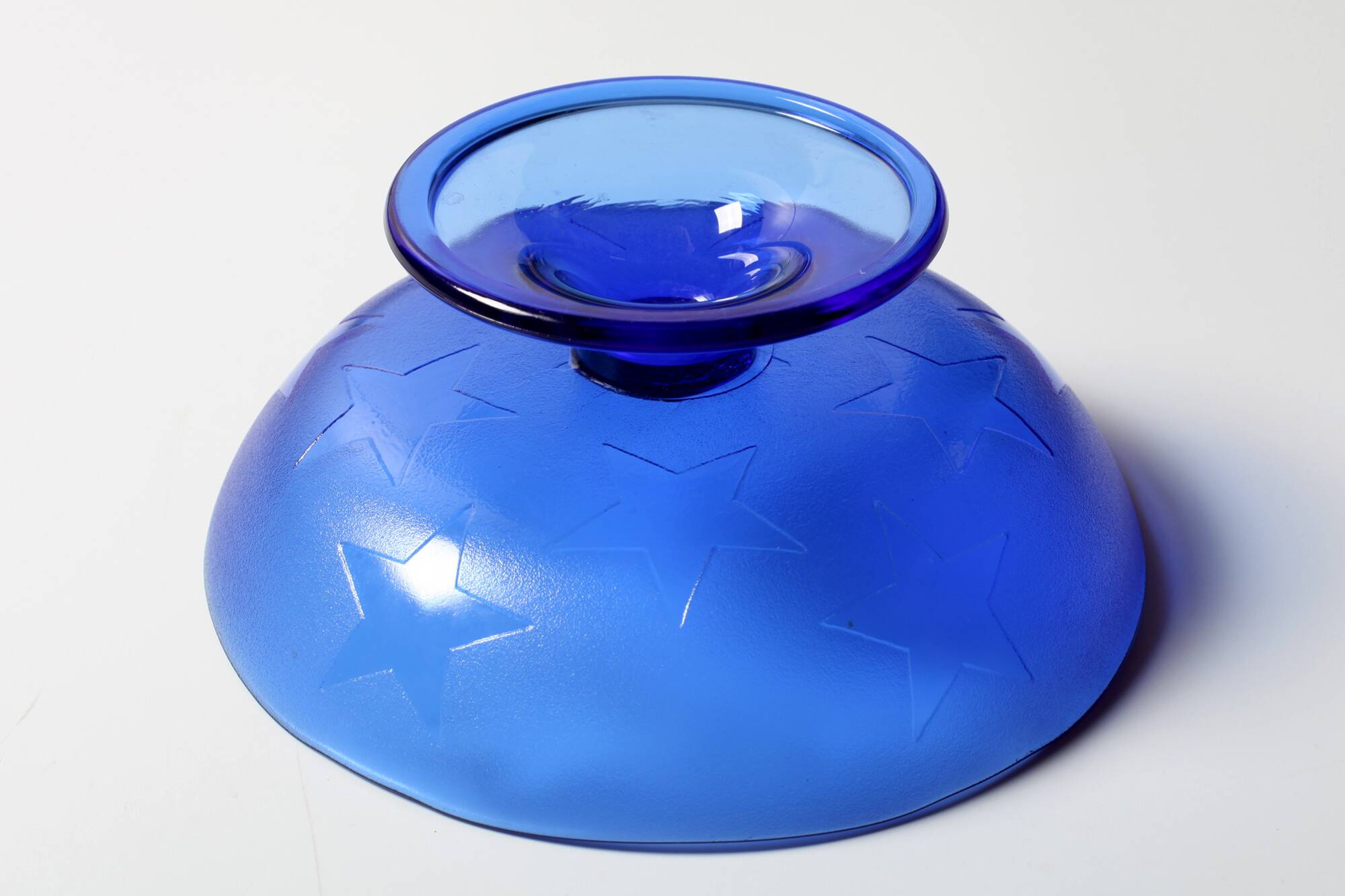 Blue Pressed Glass Pedestal Bowl with Stars Pattern / Italy / 2000s