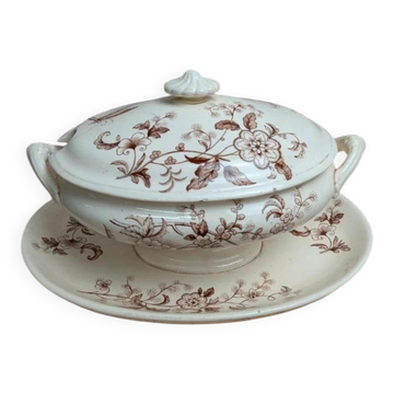 Saucière ancienne en terre de fer Salins – Décor libellule sépia – Avec couvercle