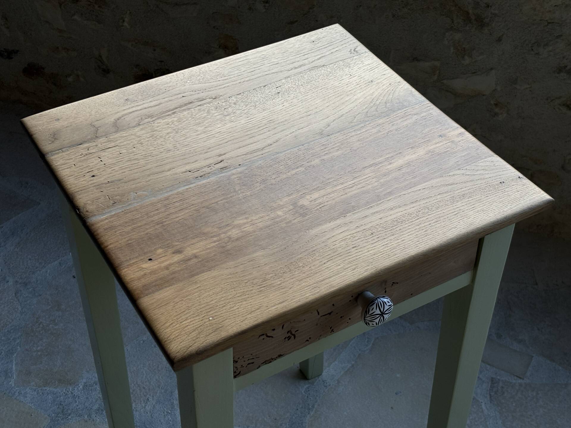 Restored antique oak bedside table - almond green and natural varnished wood